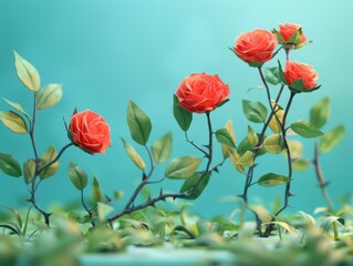 Obraz premium Five delicate pink roses bloom against a soft blue background. The roses have green leaves and thorns, adding a touch of wild beauty.