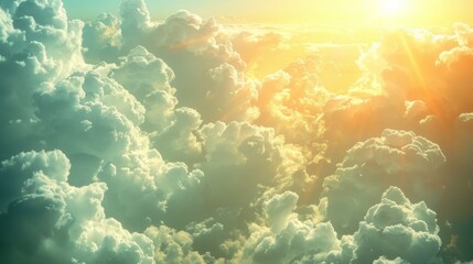 Fluffy Clouds in Sunny Day, Sunbeams Shining Through, Embodying Peace, Environmental Protection's Sustainable Concept, Graphic Resources, Wallpapers, Brochure, Websites, banner design, Advertising, 
