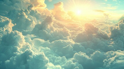 Fluffy Clouds in Sunny Day, Sunbeams Shining Through, Embodying Peace, Environmental Protection's Sustainable Concept, Graphic Resources, Wallpapers, Brochure, Websites, banner design, Advertising, 