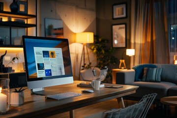 Cozy Living Room with a Desktop Computer on a Wooden Table Displaying Latest News Pages, Set Against Warm Evening Lighting in an Open Studio Space, Perfect for Relaxed Reading and Work.