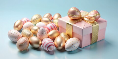 Obraz premium Pastel pink and gold decorative Easter eggs overflowing from a luxurious gift box on a soft light blue background, perfect for spring celebrations and festive occasions.