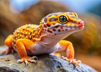 Obraz premium Colorful leopard gecko lizard perched on a rocky outcrop, displaying vibrant orange and yellow markings, with scaly skin and large, rounded eyes.