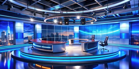 Modern high-tech news studio with sleek virtual sets, professional broadcasting equipment, and futuristic LED lights illuminating a empty anchor desk and chairs.