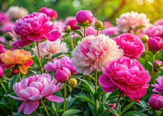 Naklejka premium Vibrant peony flowers bloom in lush, textured flowerbeds, set against a soft, floral backdrop, evoking a serene and idyllic spring atmosphere with stunning photorealistic detail.