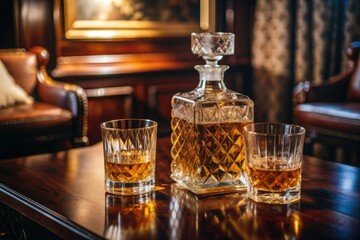 Luxurious whiskey bottle and two glasses adorned with premium liquor sit atop a rich, dark wood table, exuding sophistication and refinement in an opulent setting.