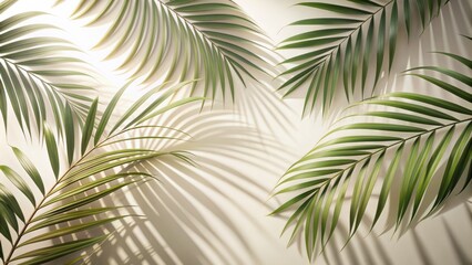 Obraz premium Delicate yet dramatic artistic shadow play of palm leaves is beautifully cast against a soft, serene, creamy white background.