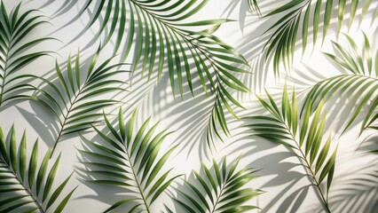 Delicate palm leaf shadows_cast a serene silhouetted pattern on a crisp white background evoking feelings of calmness and simplicity.