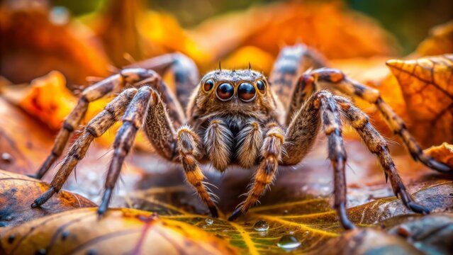 A majestic wolf-spider in its natural autumnal habitat, amidst fallen leaves and twigs, its golden eyes gleaming in morning dew.