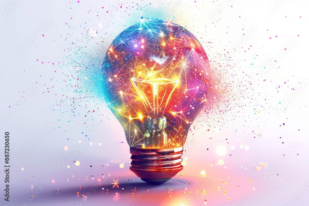 Aufkleber lightbulb with colorful particles, representing a burst of creativity and ideas.