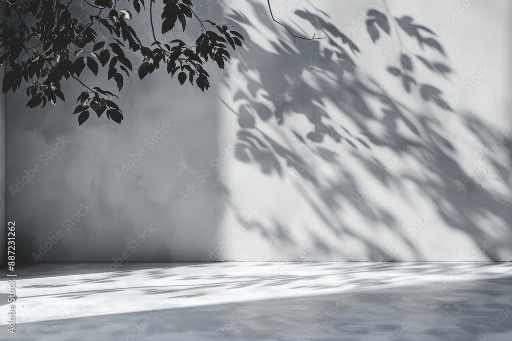 Poster blank studio wall and floor with natural leaf shadow overlay, perfect background for design projects