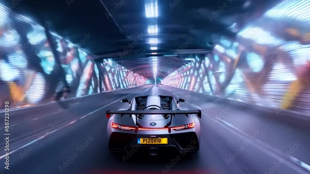 Aufkleber a sleek sports car drives through a tunnel illuminated by vibrant neon lights, creating a futuristic