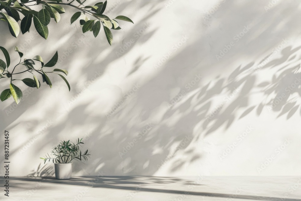 Poster blank studio wall and floor with natural leaf shadow overlay, perfect background for design projects