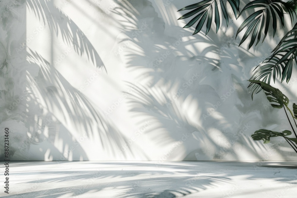 Poster blank studio wall and floor with natural leaf shadow overlay, perfect background for design projects
