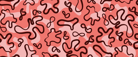 line doodle seamless pattern for kids birthday party or celebration background, trendy design with scribble shapes on pink backdrop.