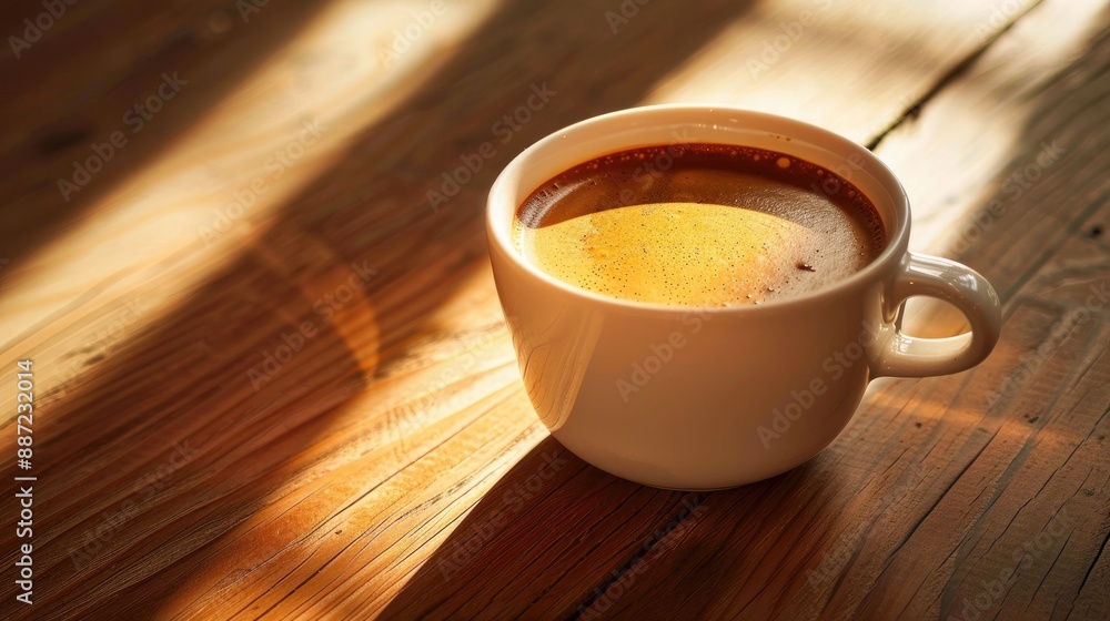 Canvas Prints Artistic mocha coffee in white cup on wooden table in warm morning light