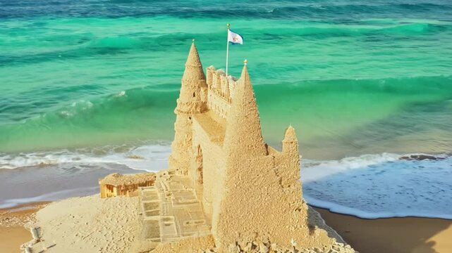 A large and intricate sandcastle stands on a beach, complete with towers, a gate, and a flag waving on top.