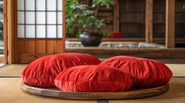 Traditional Japanese red Otedama bean bags displayed on wooden plate with Tatami flooring in background