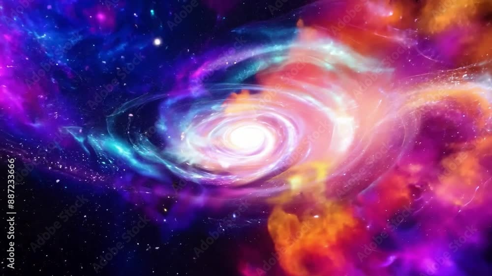 Poster a vibrant nebula, swirling in a colorful vortex with a bright white core, is surrounded by a field o