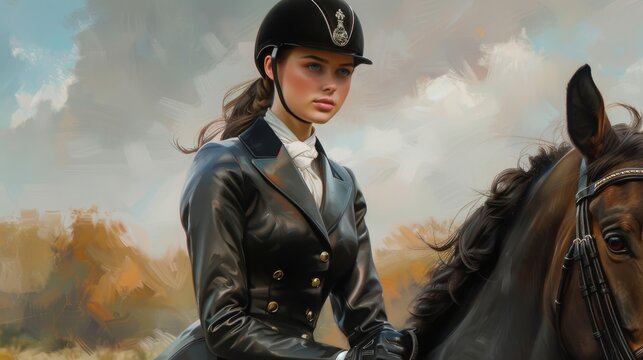 A woman in an equestrian outfit riding a horse in a countryside setting, showcasing professional equestrian attire and horse riding skills.