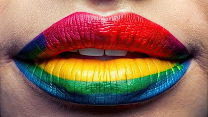 Close-up of lips with lipstick in colors of the LGBT flag, pride, flag, colorful, equality, diversity, LGBTQ+, makeup