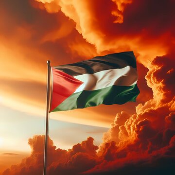 alestine flag waving in the cloudy sky, burning red sky with war apocalypse cinematic ambience, free palestine photo poster

