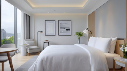 Fototapeta premium Comfortable hotel room with white interior ornament for elegant impression
