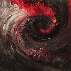 Swirling waves, art style, red and white as the frame. There is black as the background color.