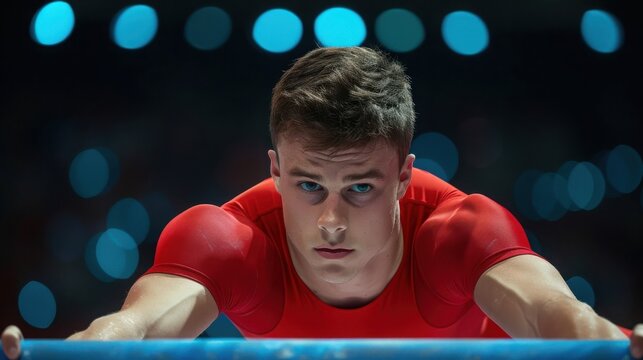 Focused gymnast in red athletic wear prepares for routine on the parallel bars with blue light background in a competitive sports arena.