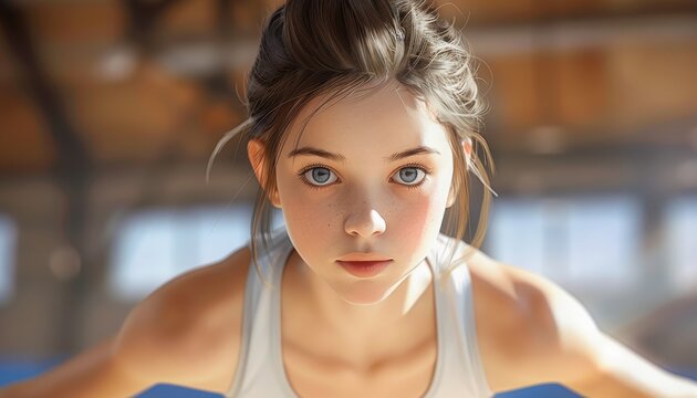 Focused young girl in sportswear exercising indoors. Bright daylight illuminating gym background. Determination and fitness concept.