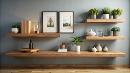 Contemporary living room with wood floating shelf displaying mementos , modern, home decor, cozy