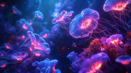 Obraz premium A futuristic aquarium, bioluminescent fish, glowing corals