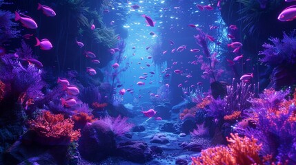 Naklejka premium A futuristic aquarium, bioluminescent fish, glowing corals