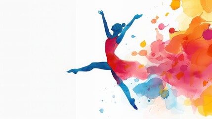 Vibrant watercolor abstract silhouette of a dancer in motion, capturing energy, movement, and artistic expression against a colorful splash background.