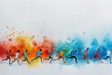 Vibrant watercolor painting of people running, showcasing dynamic movement and colorful splashes in a race-themed artwork.