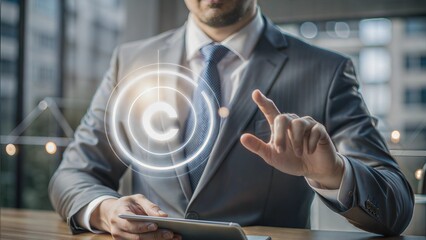 Copyright protection concept. Registration or registration for trademark. Businessman with Register trademark and logo on virtual screen.