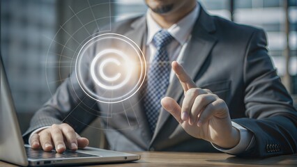 Copyright protection concept. Registration or registration for trademark. Businessman with Register trademark and logo on virtual screen.