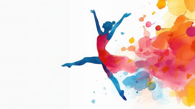 Vibrant watercolor abstract silhouette of a dancer in motion, capturing energy, movement, and artistic expression against a colorful splash background.