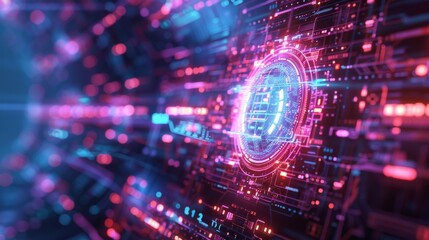 A high-tech background with a 3D symbol made of transparent glass, surrounded by holographic data panels and digital interfaces