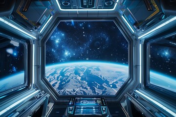 Spaceship interior with view of Earth from the window.