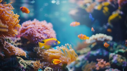 Naklejka premium tropical aquarium, vibrant coral reefs, colorful fish swimming