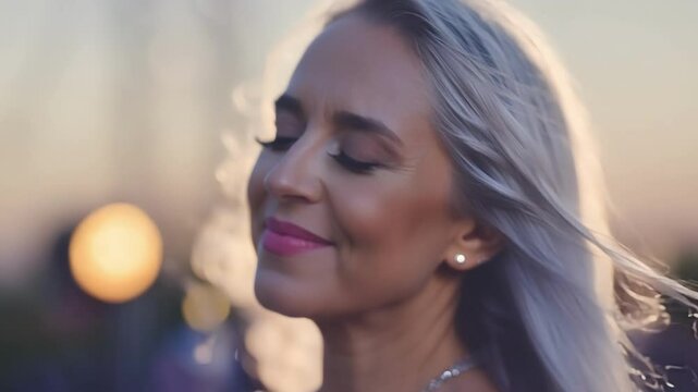 A woman with a natural head of silver locks sways in the breeze while listening to a dreamy ballad at a music festival.