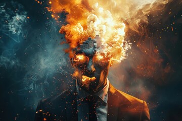 Fototapeta premium Businessman Impacted by Intense Creative Ideas and Innovation, Spontaneous Combustion of Inspiration and Motivation