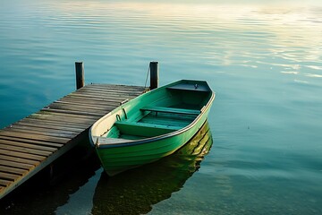 A small green boat floating on the lake near the pier. beautiful photo digital picture