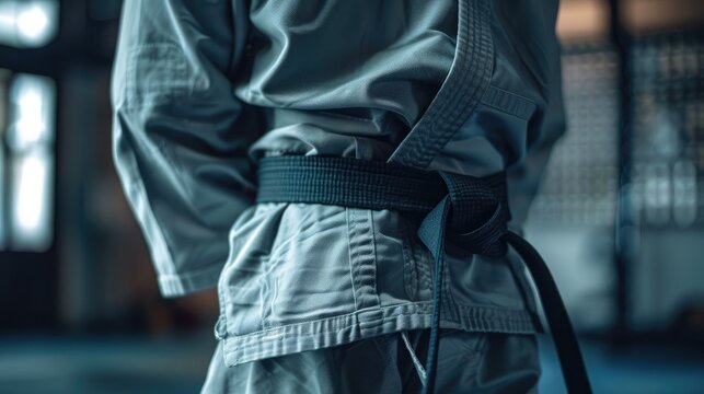 Martial Arts Training in Judo Kimono with Belt Background