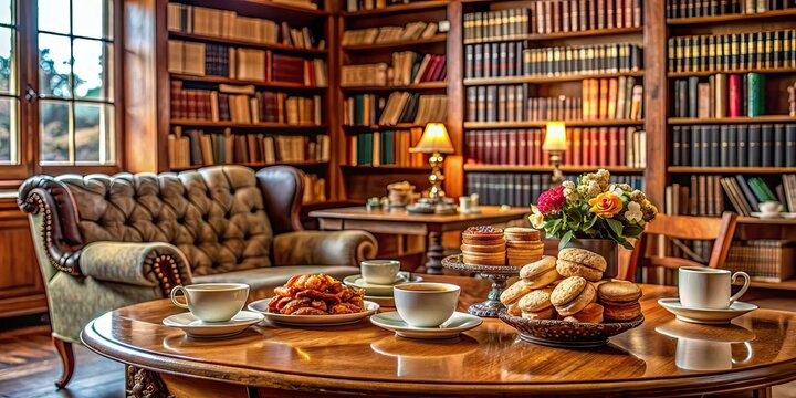 Cozy book club meetings in vintage library with aromatic tea and treats, literature, discussion, novels, cozy, vintage