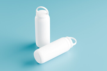 Rendering of two white sport tumbler on minimalist blue background for product mockup presentation on acute angle