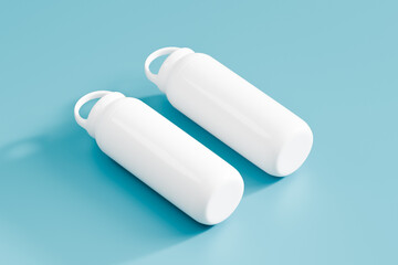 Rendering of two white sport tumbler on minimalist blue background for product mockup presentation on acute angle