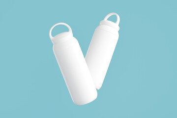 Rendering of two floating white sport tumbler on minimalist blue background for product mockup presentation