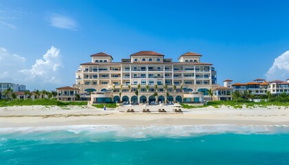 Obraz premium Luxury beachfront resort with white sand and turquoise ocean water