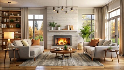 Cozy living room interior with a fireplace and comfortable furniture, cozy, living room, interior, fireplace, comfortable